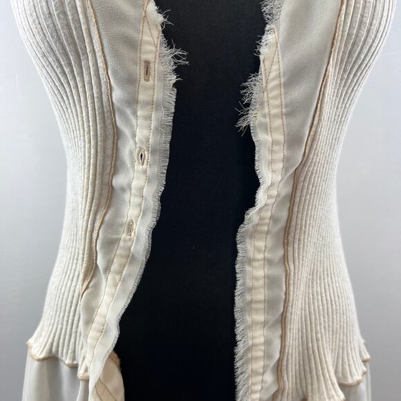 TINY Cream Fringe Semi-Sheer Trim Ribbed Knit Cotton Blend Sleeveless Vest XS? - Picture 3 of 8